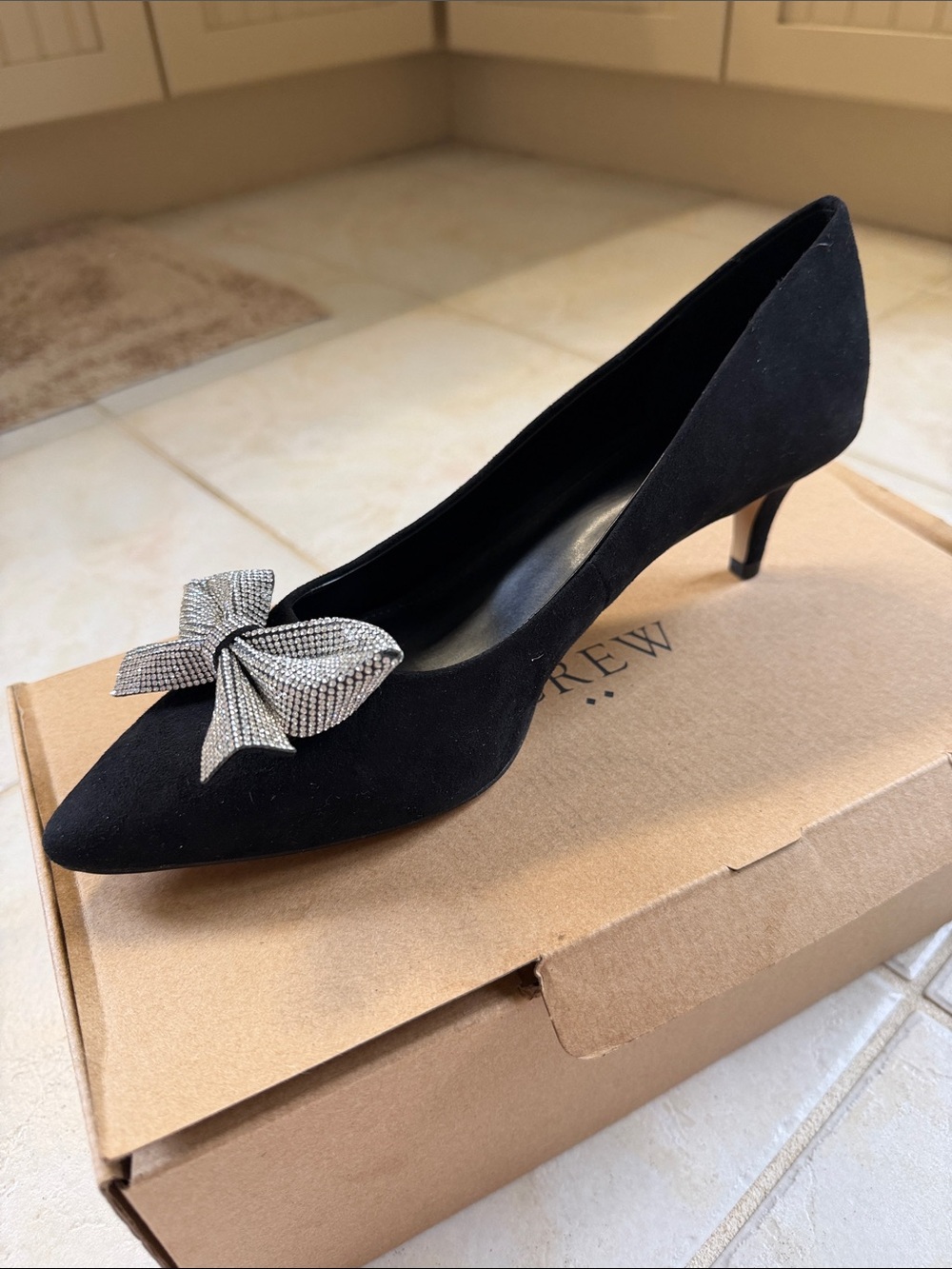 J. Crew Factory Black w Crystal Bow Kitten Heels